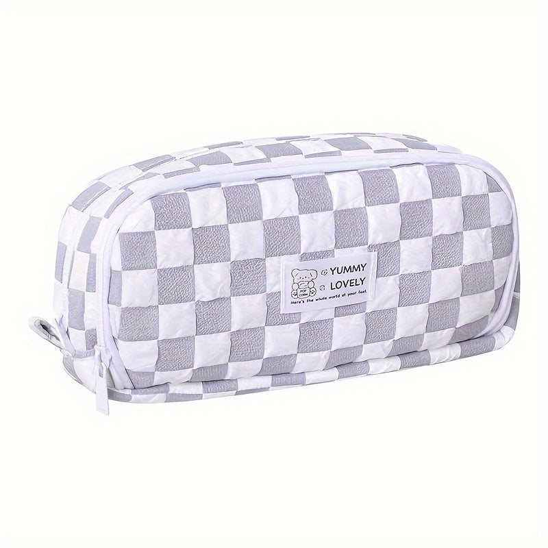 Large Gray Grid Pencil Case for School Supplies