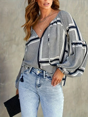 Colorblock Geometric Print Lantern Sleeve Blouse
