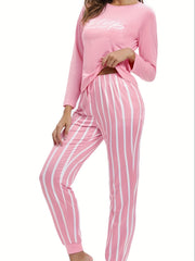 Letter Print Lounge Set Long Sleeve Crew Neck Top & Striped Pants