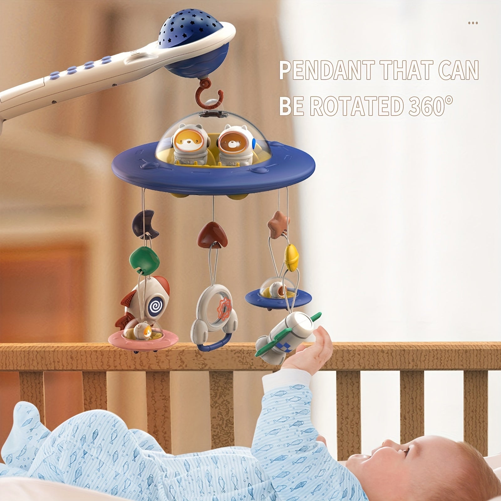 Space Flying Saucer Baby Bed Bell Starry Sky Projection Toy