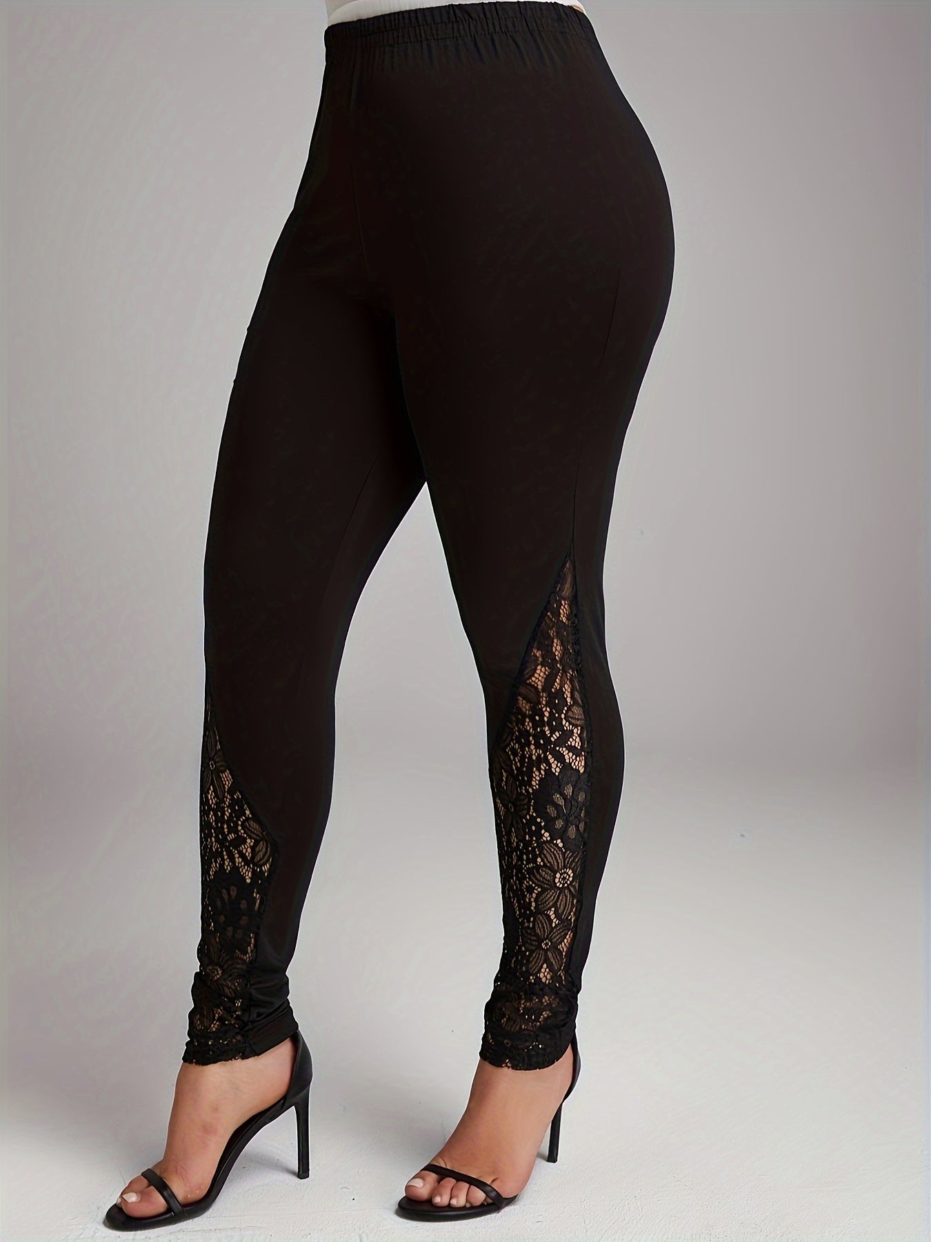Casual Leggings Women's Plus Contrast Lace Solid Elastic