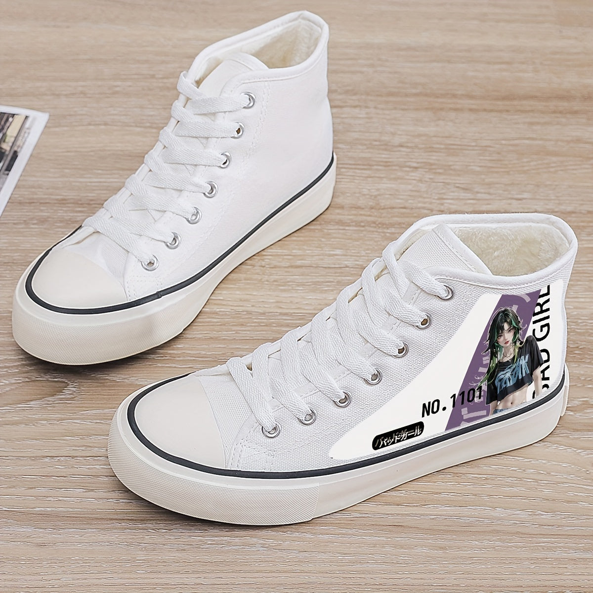 Anime Girl Plush Lined Canvas Sneakers Winter Warm High Top Shoes