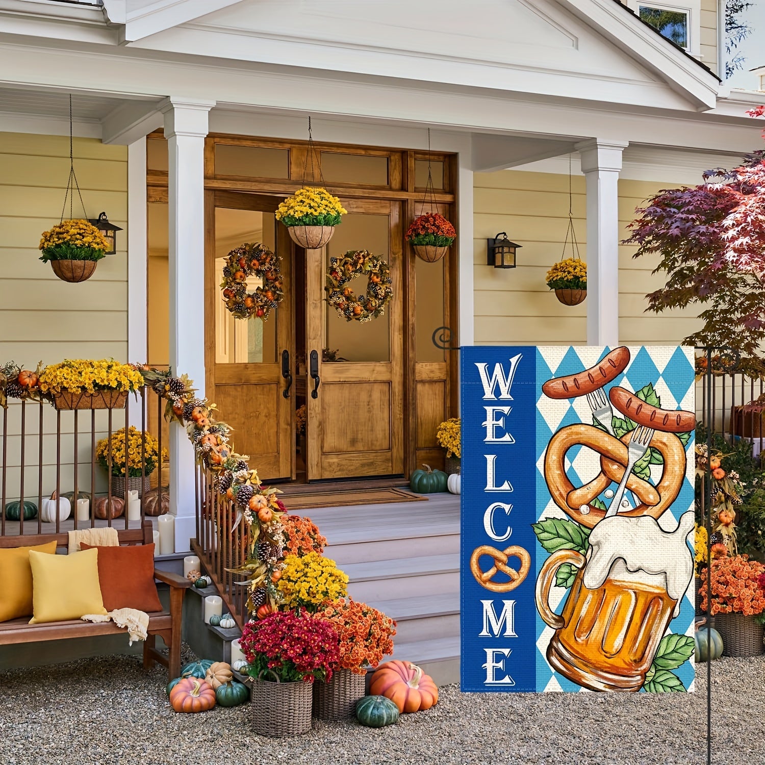 Welcome Oktoberfest Beer Garden Flag with Pretzels & Sausage Design