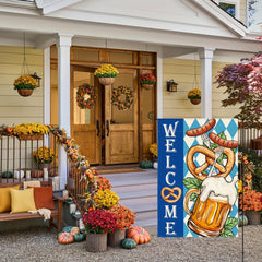 Welcome Oktoberfest Beer Garden Flag with Pretzels & Sausage Design