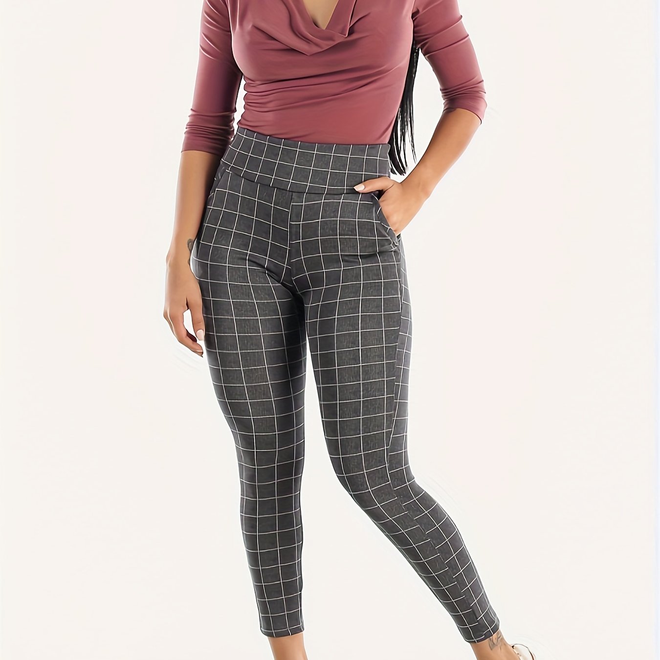 Grid Print Wideband Leggings with Pockets