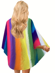 Rainbow Print Half Sleeve Cover Up Cardigan Open Front Vacation Kimono