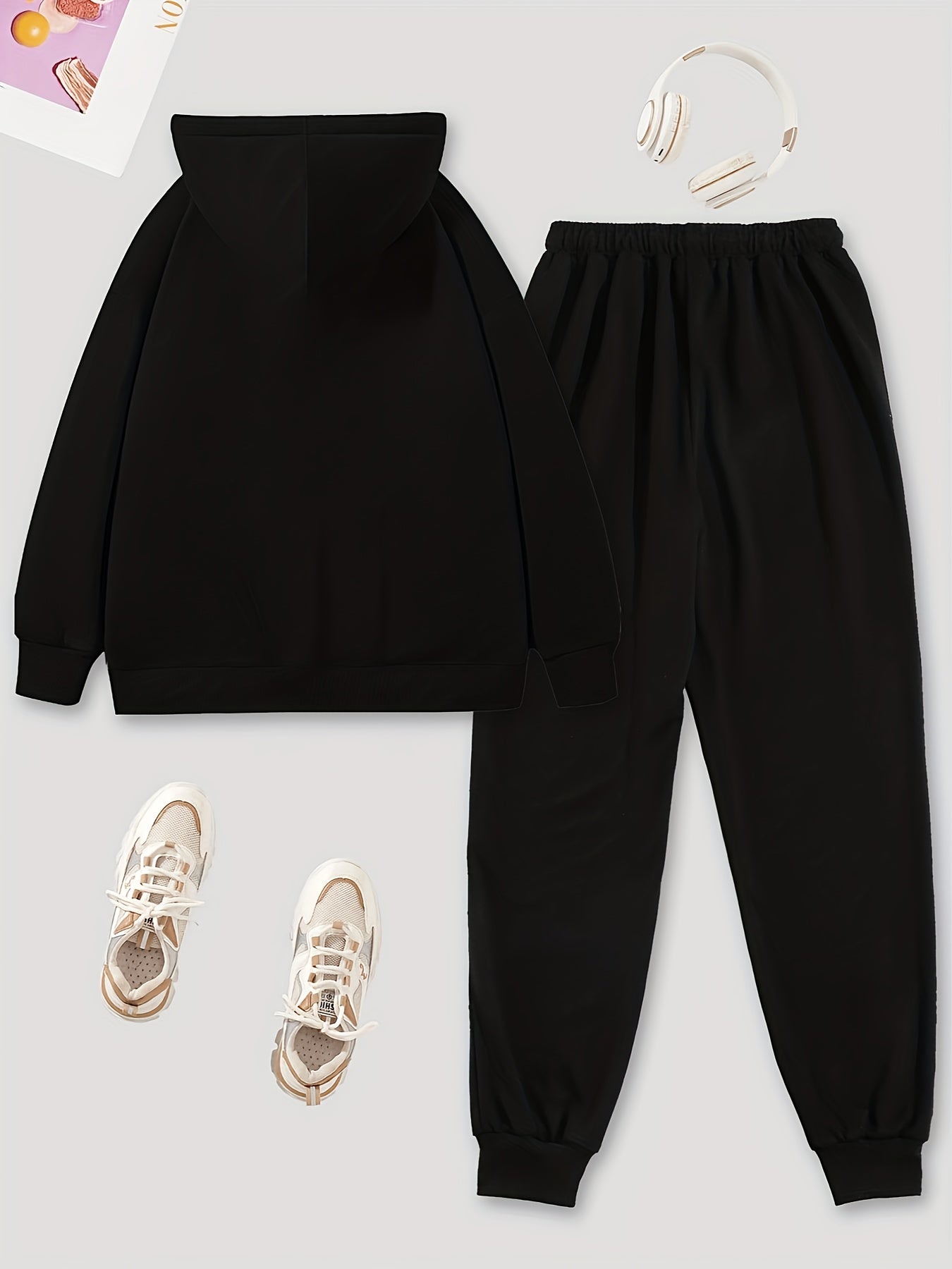 Solid Hoodie & Jogger Pants Set Drawstring Tie Waist