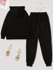 Solid Hoodie & Jogger Pants Set Drawstring Tie Waist