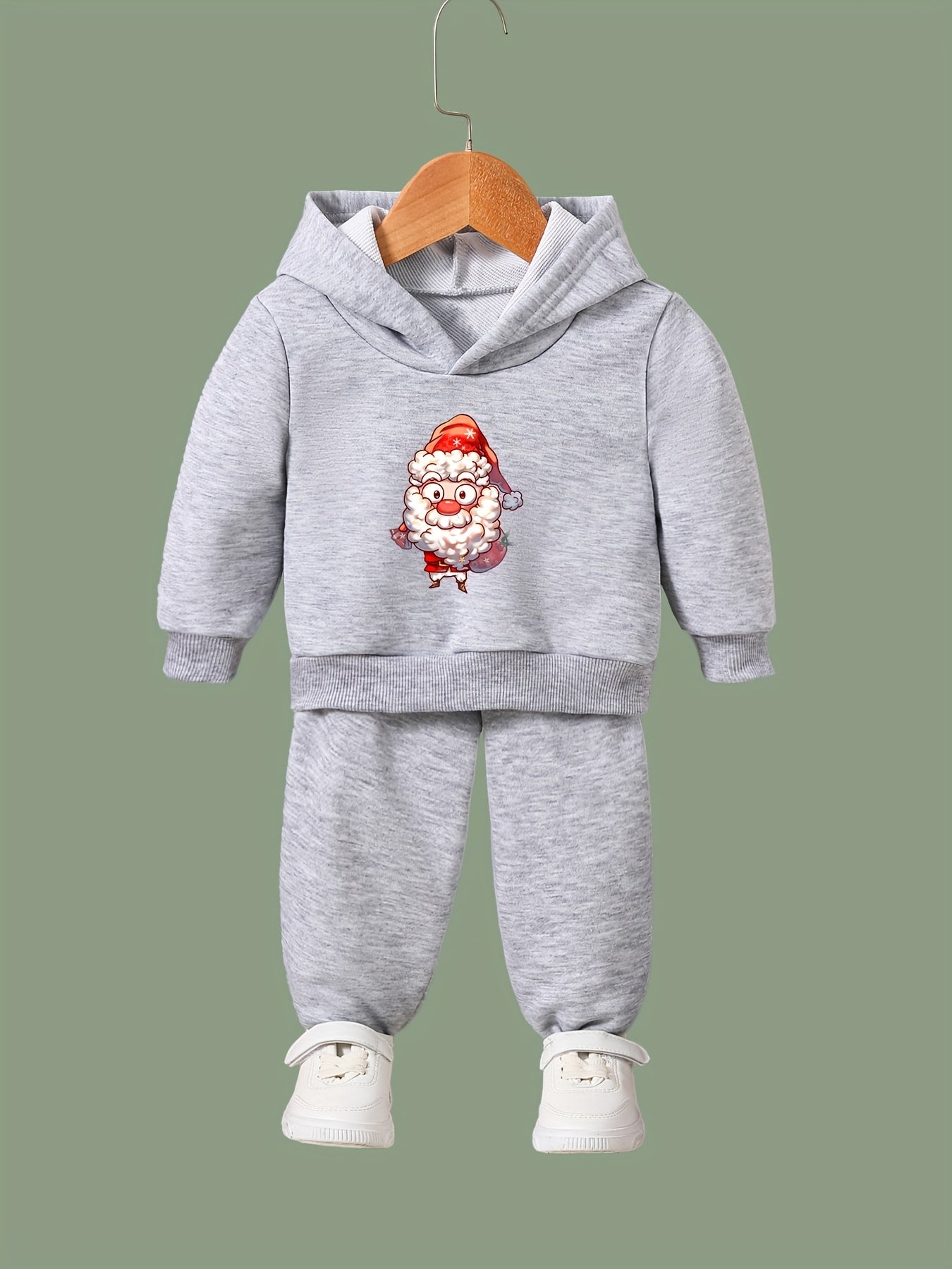 Santa Print Hooded Pullover Pants Set For Sports Spring Fall Gift