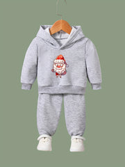 Santa Print Hooded Pullover Pants Set For Sports Spring Fall Gift