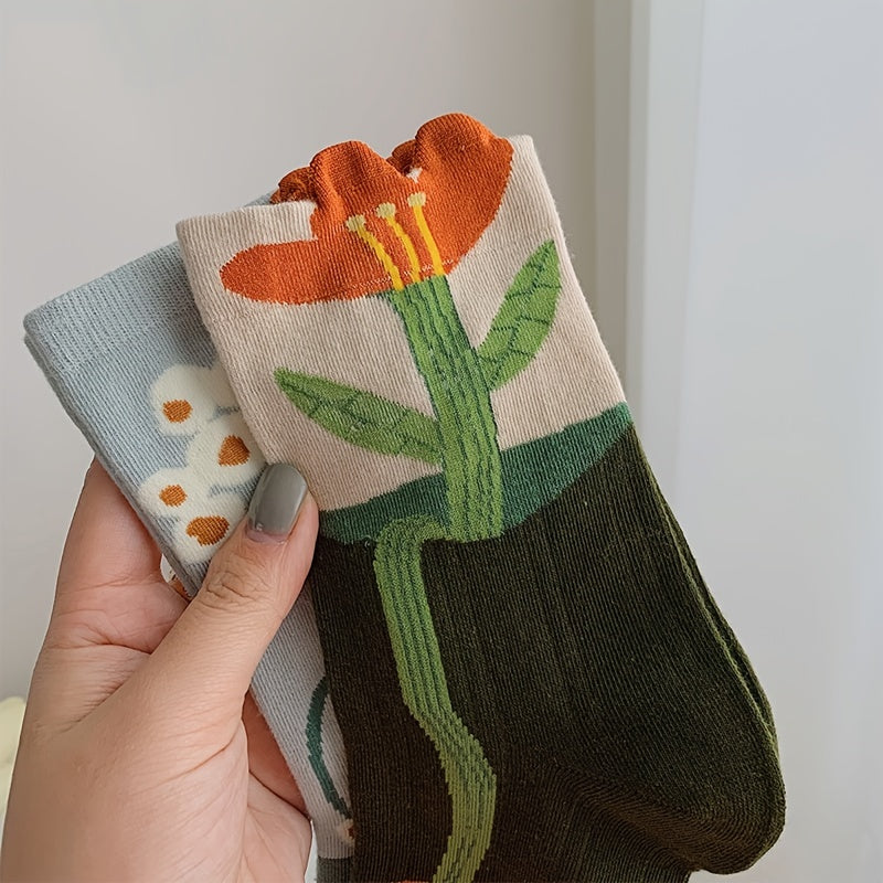 5 Pairs Floral Print Socks & Ruffle Curling Stockings