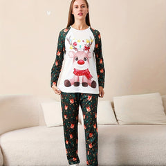 Christmas Elk Print Pajama Set Long Sleeve Top & Pants Women's Sleepwear