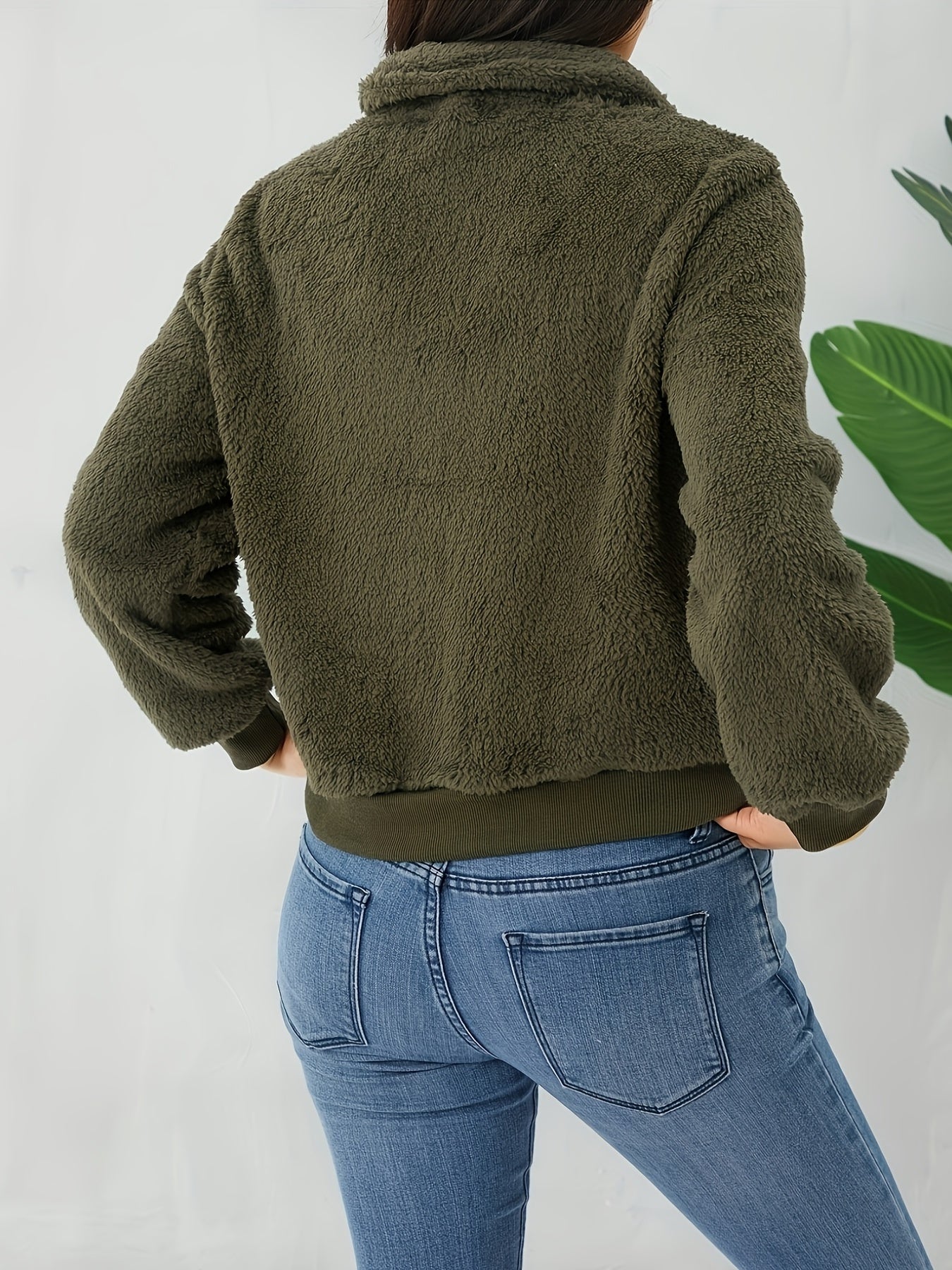 Zip Up Teddy Jacket Solid Casual Long Sleeve Collared Outerwear