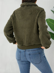 Zip Up Teddy Jacket Solid Casual Long Sleeve Collared Outerwear
