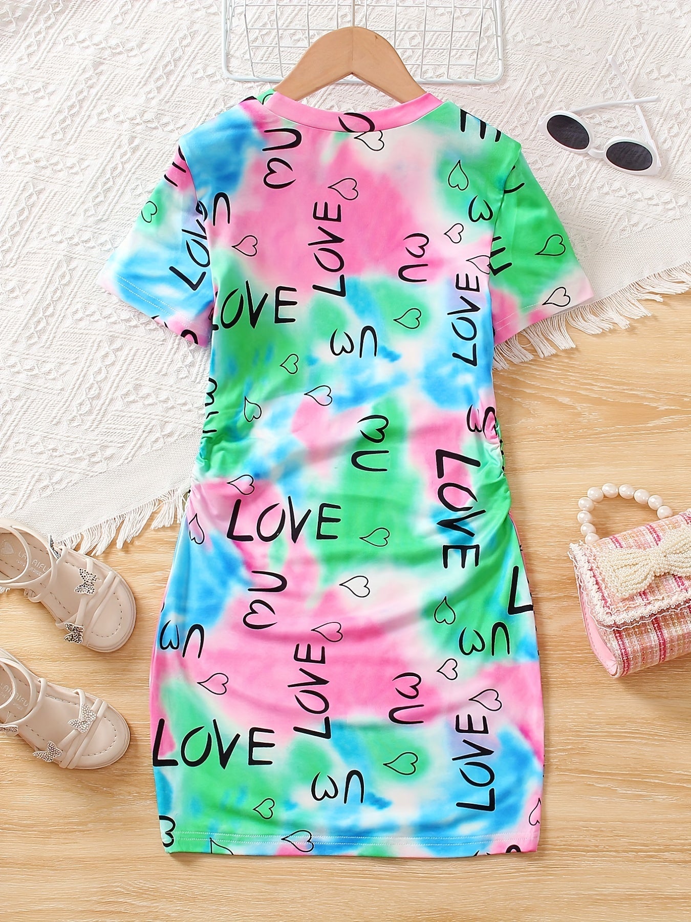 Girls Rainbow Tie Dye & Letter Graphic Short Sleeve Dress For Going Out Party
