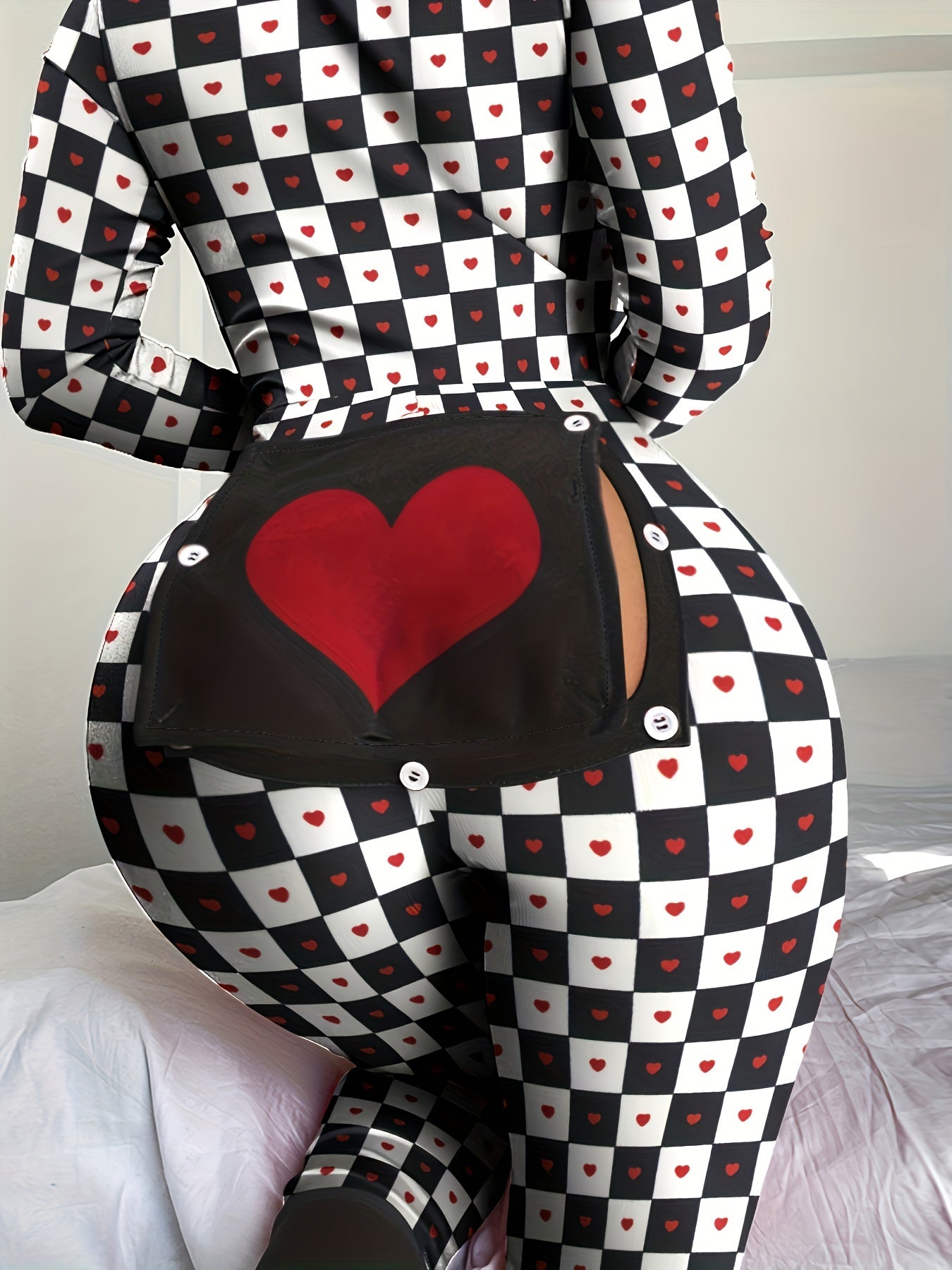 Heart Print Pajama Jumpsuit Long Sleeve Pajamas Women's Sleepwear