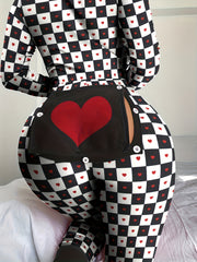 Heart Print Pajama Jumpsuit Long Sleeve Pajamas Women's Sleepwear
