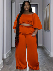 Solid Flare Crop Top & Wide Leg Pants Outfit Set