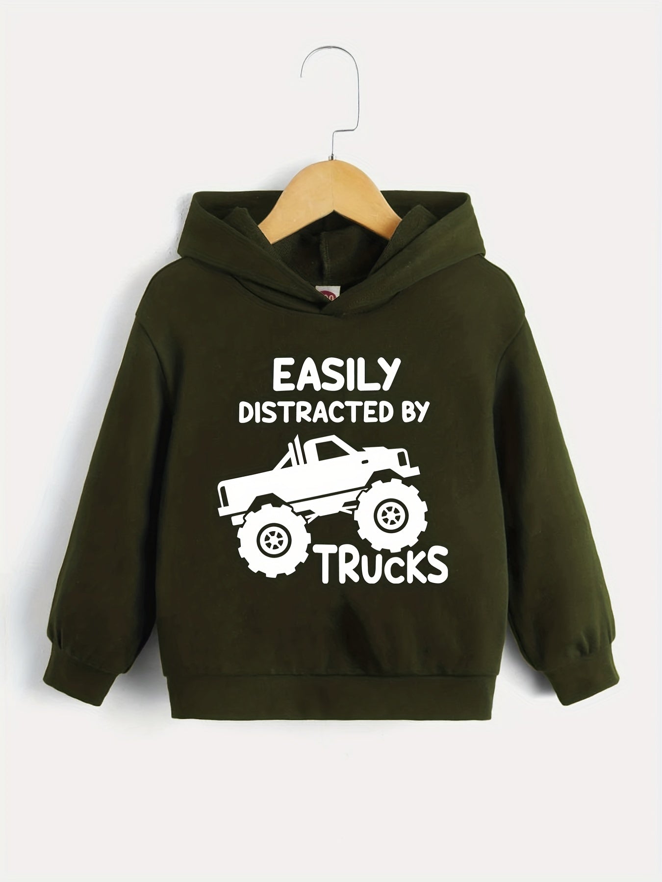 BOYS TRUCKS Letter Print Hooded Sweatshirt Spring Fall Kids Clothing