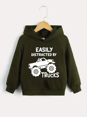 BOYS TRUCKS Letter Print Hooded Sweatshirt Spring Fall Kids Clothing