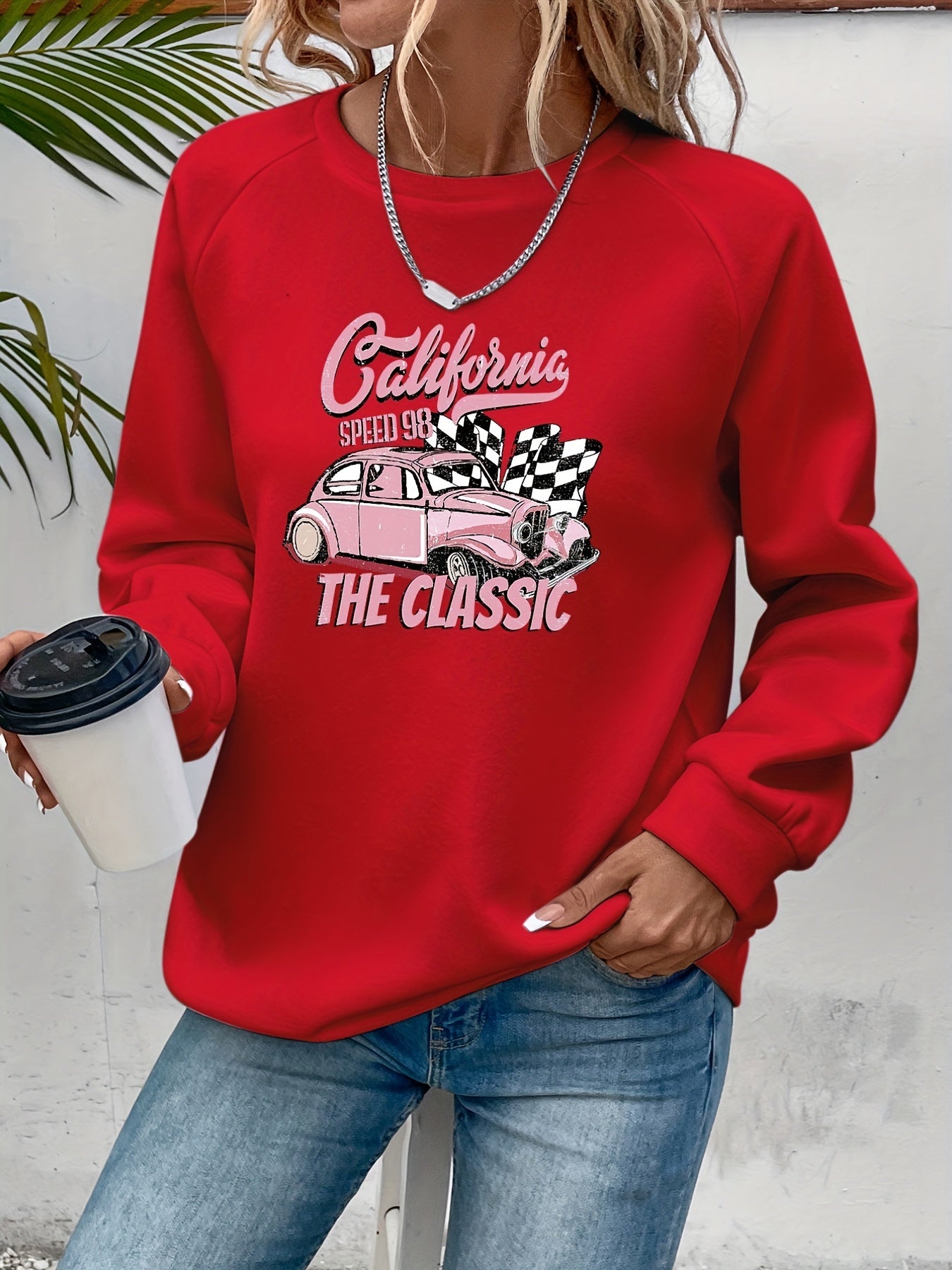 Racing Print Pullover Sweatshirt Long Sleeve Crew Neck