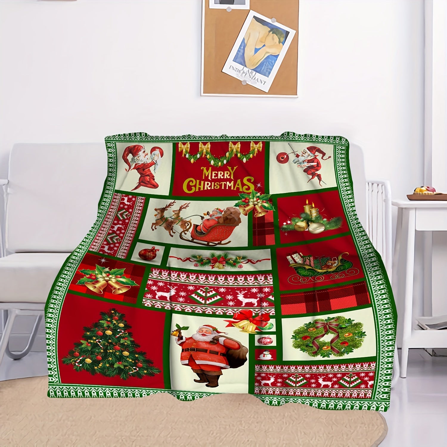 Christmas Bell Elk Plaid Blanket Winter Warm Flannel Blanket
