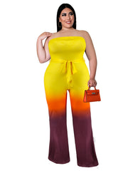 Ombre Print Strapless Flared Leg Jumpsuit With Belt Plus Size