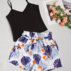 Solid Crop Cami Top & Tropical Print Shorts Set
