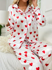 Heart Print Satin Pajamas Set Cute Long Sleeve Top & Pants Women's Loungewear