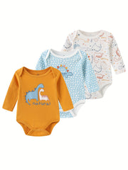 3 Pcs Baby Boys Bodysuits Long Sleeve Cotton 0-12M Jumpsuits