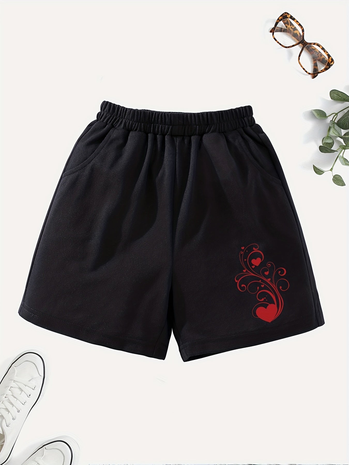 Girls' Casual Swirls & Heart Graphic Elastic Waist Shorts