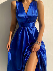 Solid Satin V Neck Midi Tank Dress