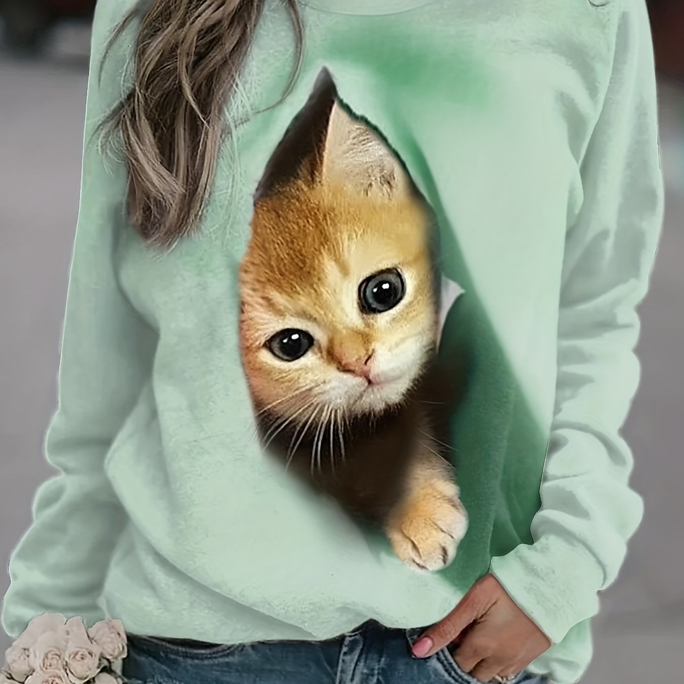 Cat Print Pullover Sweatshirt Long Sleeve Crew Neck Sweatshirt