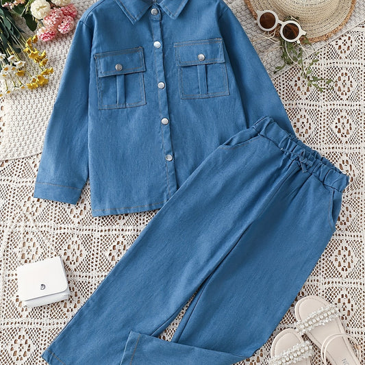 Girls' Denim Suit Long Sleeve Shirt Elastic Waist Jeans Set