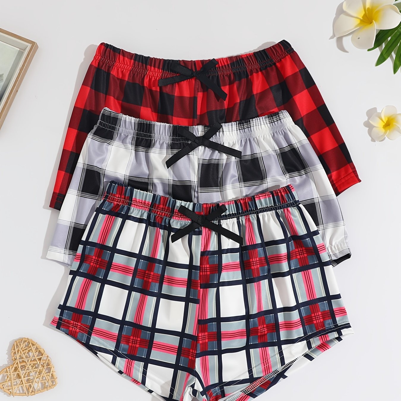 3pcs Kids Red Plaid Bowknot Shorts Elastic Waist