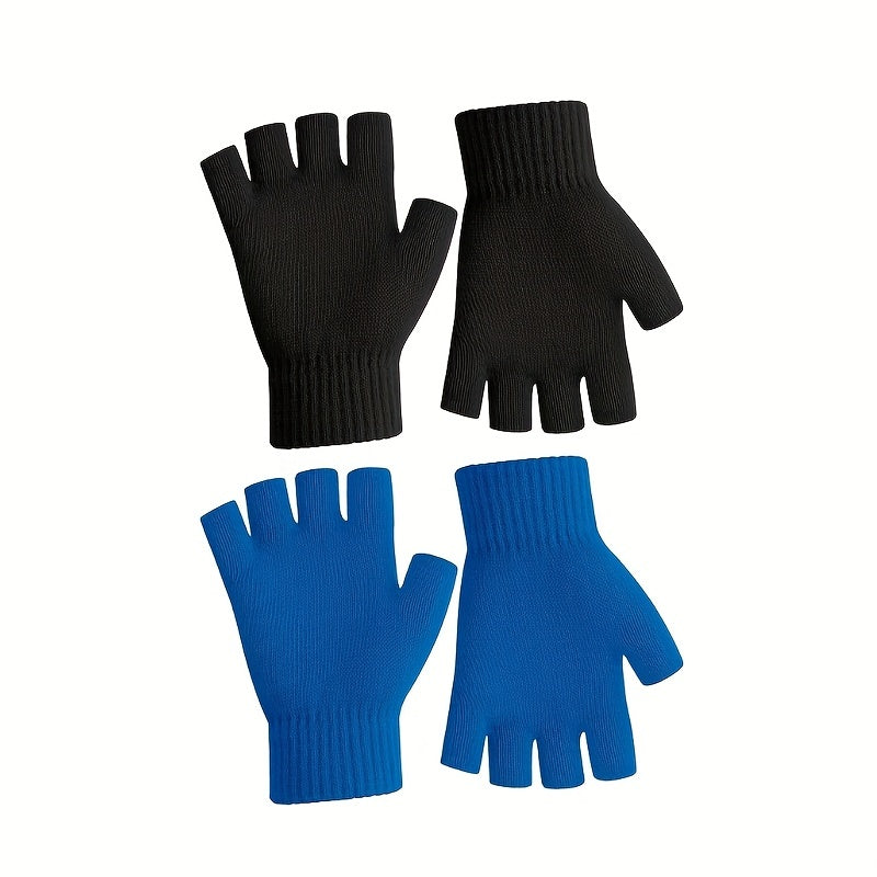 2pairs Men's Winter Fingerless Gloves Knitted Typing Half Finger Gloves