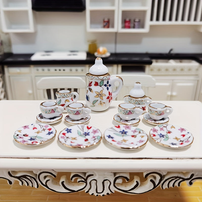 15pcs Mini Ceramic Tea Set Tea Cup Dollhouse Accessory