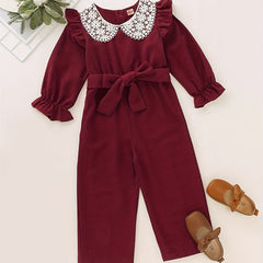 Girls Lace Collar Corduroy Long Sleeve Jumpsuit Playsuit Kids Fall Clothes