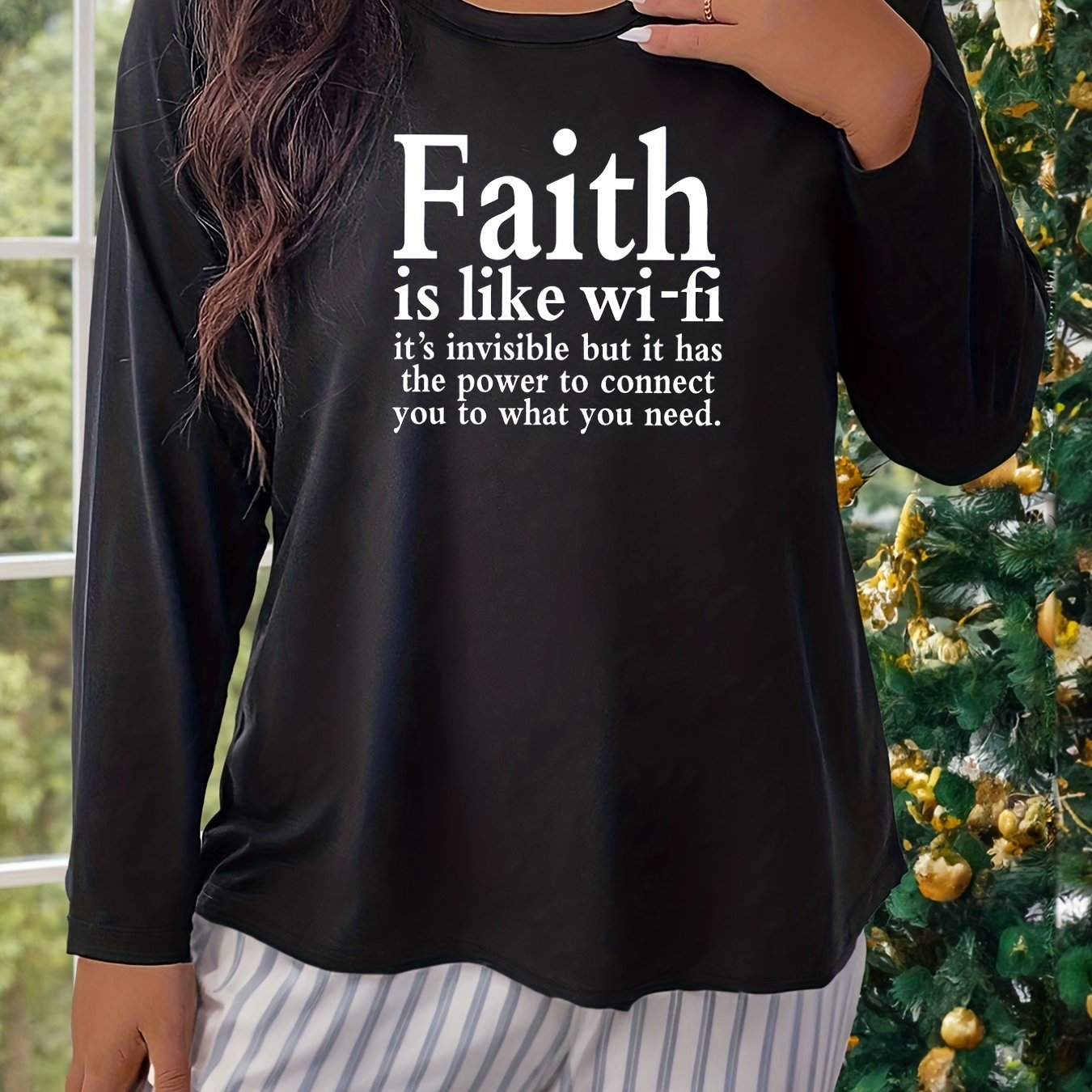 Lounge Top Women's Plus Slogan Print Long Sleeve
