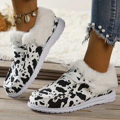 Cow & Sunflower Print Fur Fleece Lined Flat Lightweight Comfortable Skate Shoes
