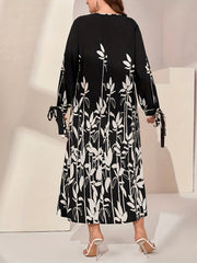 Colorblock Floral Print Round Neck Pleated Dress