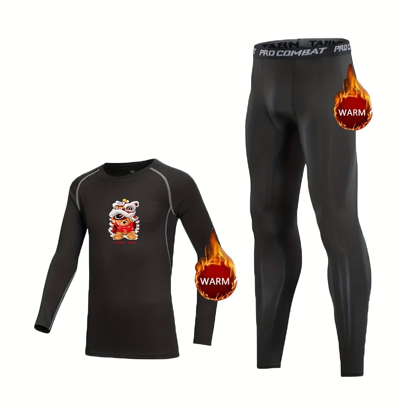 Kids Fleece Lined Compression Set Bear Dance Lion Print Top & Leggings
