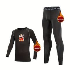 Kids Fleece Lined Compression Set Bear Dance Lion Print Top & Leggings