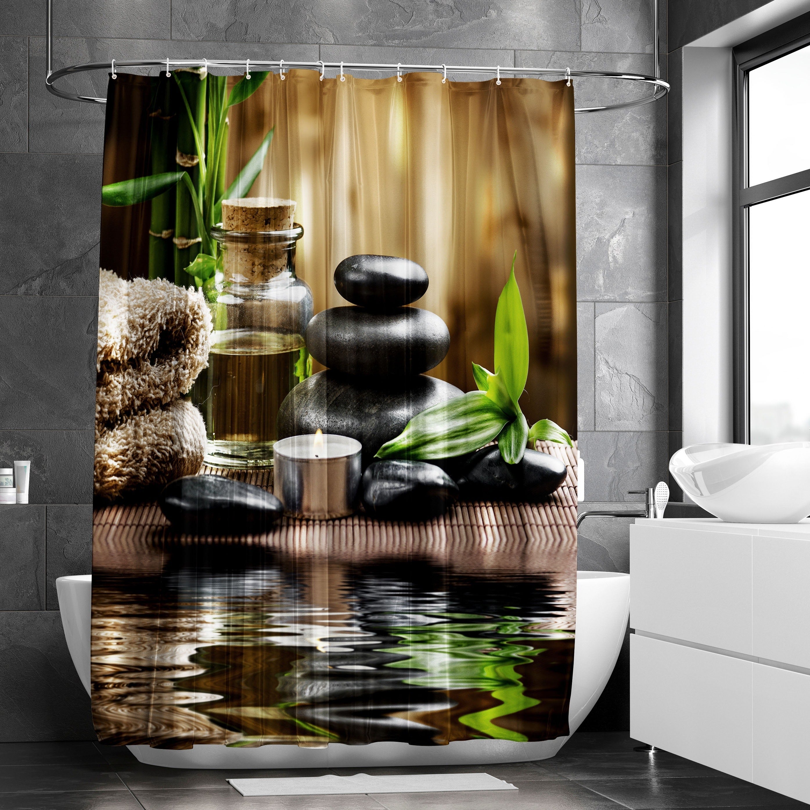 Waterproof Shower Curtain Stone Glass Bottle Bamboo 182x182 cm