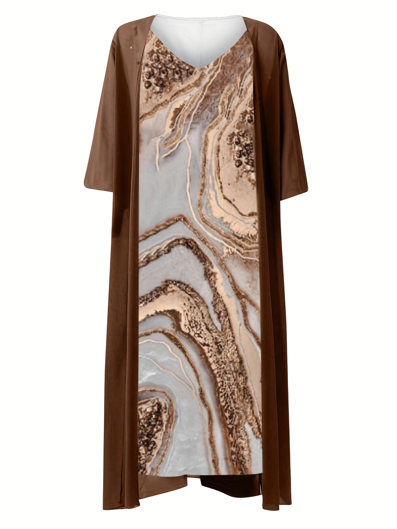 Casual Two-piece Dress Set Half Sleeve Coat & Marble Print Tank Dress