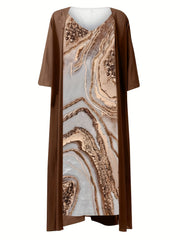 Casual Two-piece Dress Set Half Sleeve Coat & Marble Print Tank Dress