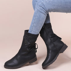 Knitted & Faux Leather Panel Boots Tie Back Side Zip Boots