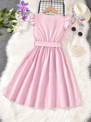 Girls Ruffled Sleeveless Dress with Bow Belt