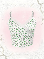 Floral Lace Trim Spaghetti Strap Crop Top V Neck Sleeveless Summer Casual