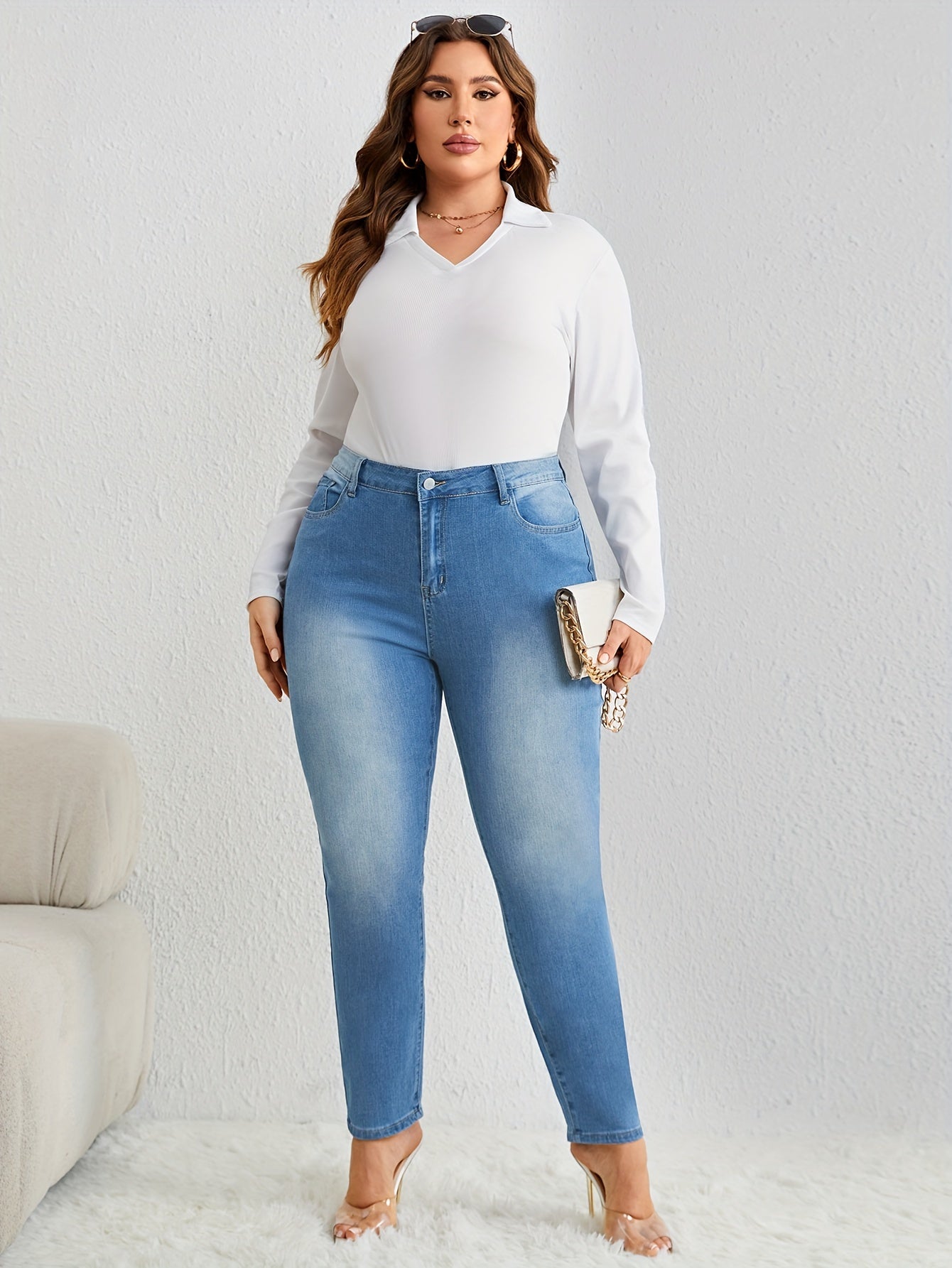 Solid Button Up Slim Fit Elastic Comfort Jeans